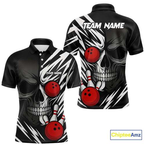 Black and White Skull Bowling Polo, Quarter Zip shirts for Men Custom Skull Team Bowling Jerseys NQS10261