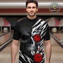 Load image into Gallery viewer, Black and White Skull Bowling Polo, Quarter Zip shirts for Men Custom Skull Team Bowling Jerseys NQS10261