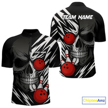 Load image into Gallery viewer, Black and White Skull Bowling Polo, Quarter Zip shirts for Men Custom Skull Team Bowling Jerseys NQS10261