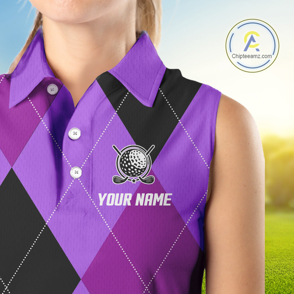 Women Sleeveless Polo Shirt custom purple and black golf argyle plaid pattern, personalized golf gift NQS10653