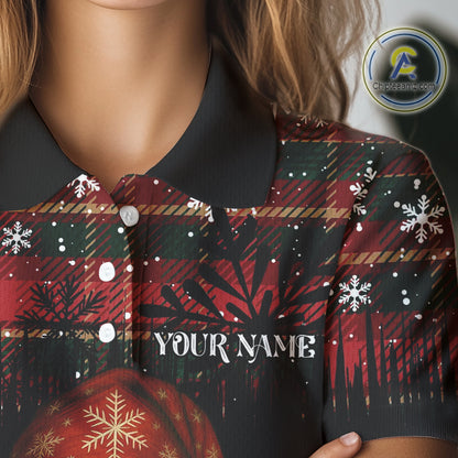 Black and Red Plaid Christmas pattern Skull Women Polo Shirt Custom Ladies Golf outfit, golfing gifts NQS11058