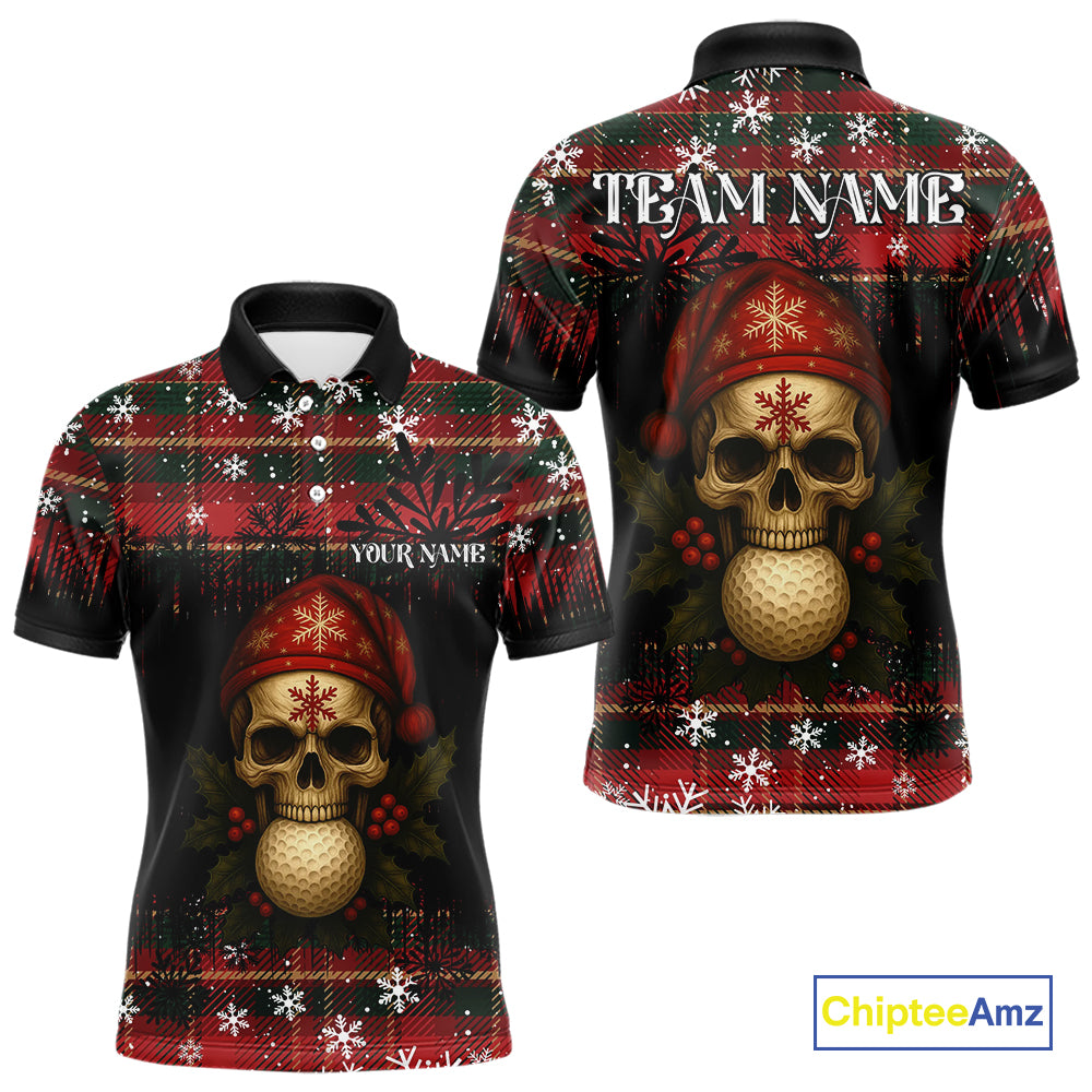 Black and Red Plaid Christmas pattern Skull Mens Polo Shirt Custom Golf outfit For Men, golfing gifts NQS11058