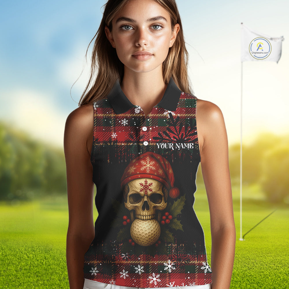 Black and Red Plaid Christmas pattern Skull Sleeveless Polo Shirt Custom Ladies Golf outfits NQS11058
