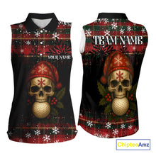 Load image into Gallery viewer, Black and Red Plaid Christmas pattern Skull Sleeveless Polo Shirt Custom Ladies Golf outfits NQS11058