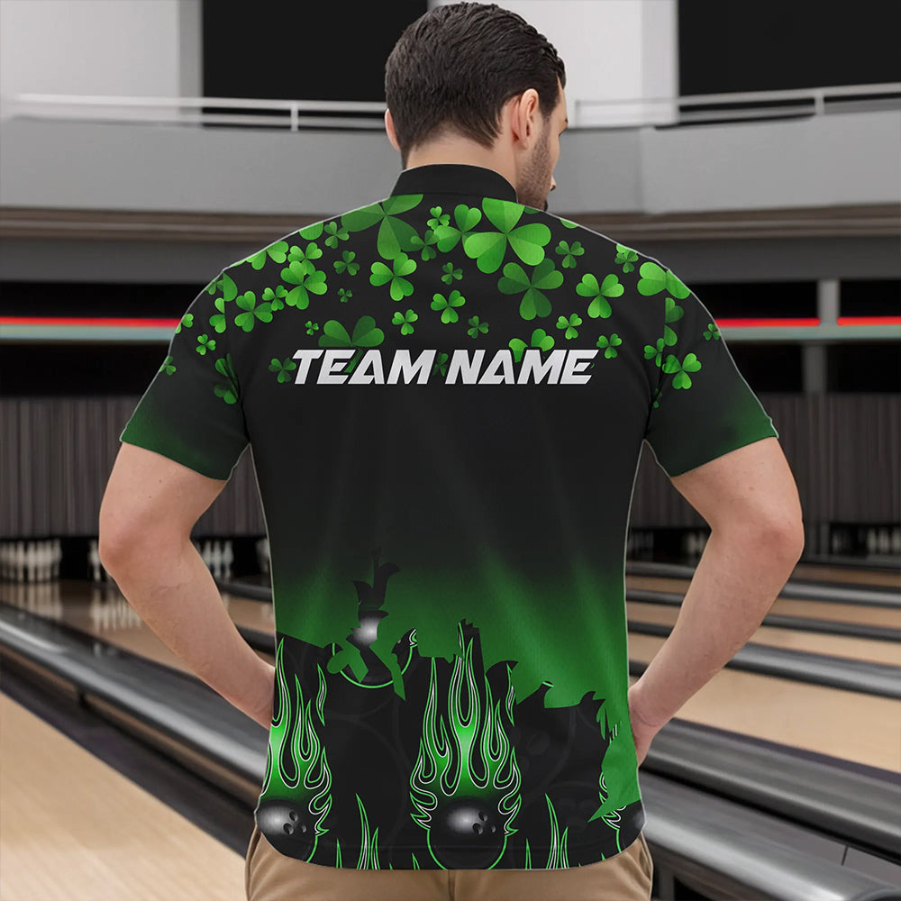 Green shamrock Flame bowling shirts for men Custom St Patrick Day black team league bowling jerseys NQS9390