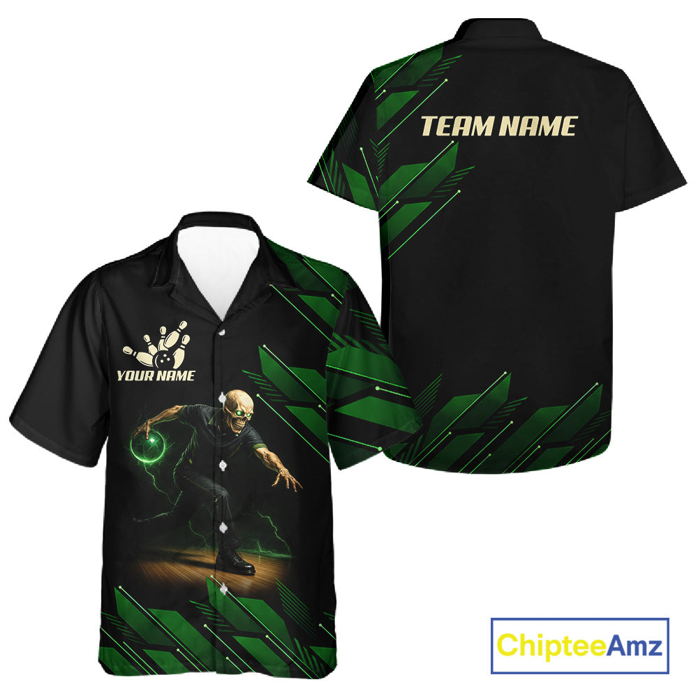 Black & Green Camo Skull Lightning Bowling Hawaiian shirt Custom Team bowling button-up shirt NQS11657
