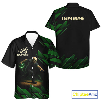 Black & Green Camo Skull Lightning Bowling Hawaiian shirt Custom Team bowling button-up shirt NQS11657