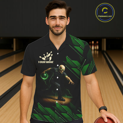 Black & Green Camo Skull Lightning Bowling Hawaiian shirt Custom Team bowling button-up shirt NQS11657