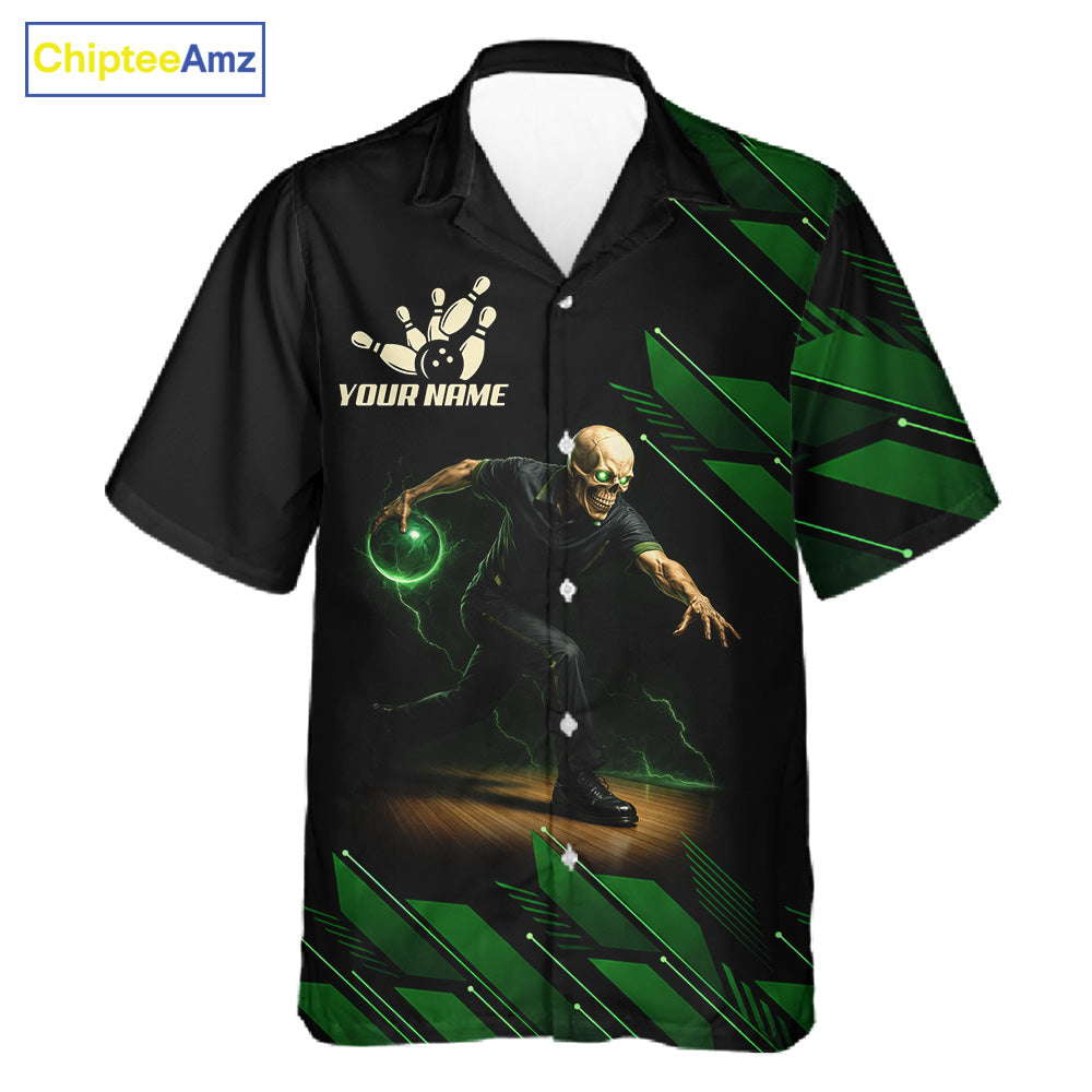 Black & Green Camo Skull Lightning Bowling Hawaiian shirt Custom Team bowling button-up shirt NQS11657