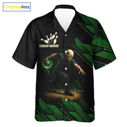 Black & Green Camo Skull Lightning Bowling Hawaiian shirt Custom Team bowling button-up shirt NQS11657