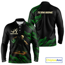 Load image into Gallery viewer, Black and Green Camo Skull Lightning Bowling Polo, 1/4 zip shirts for Men Custom Team bowling Jersey NQS11657