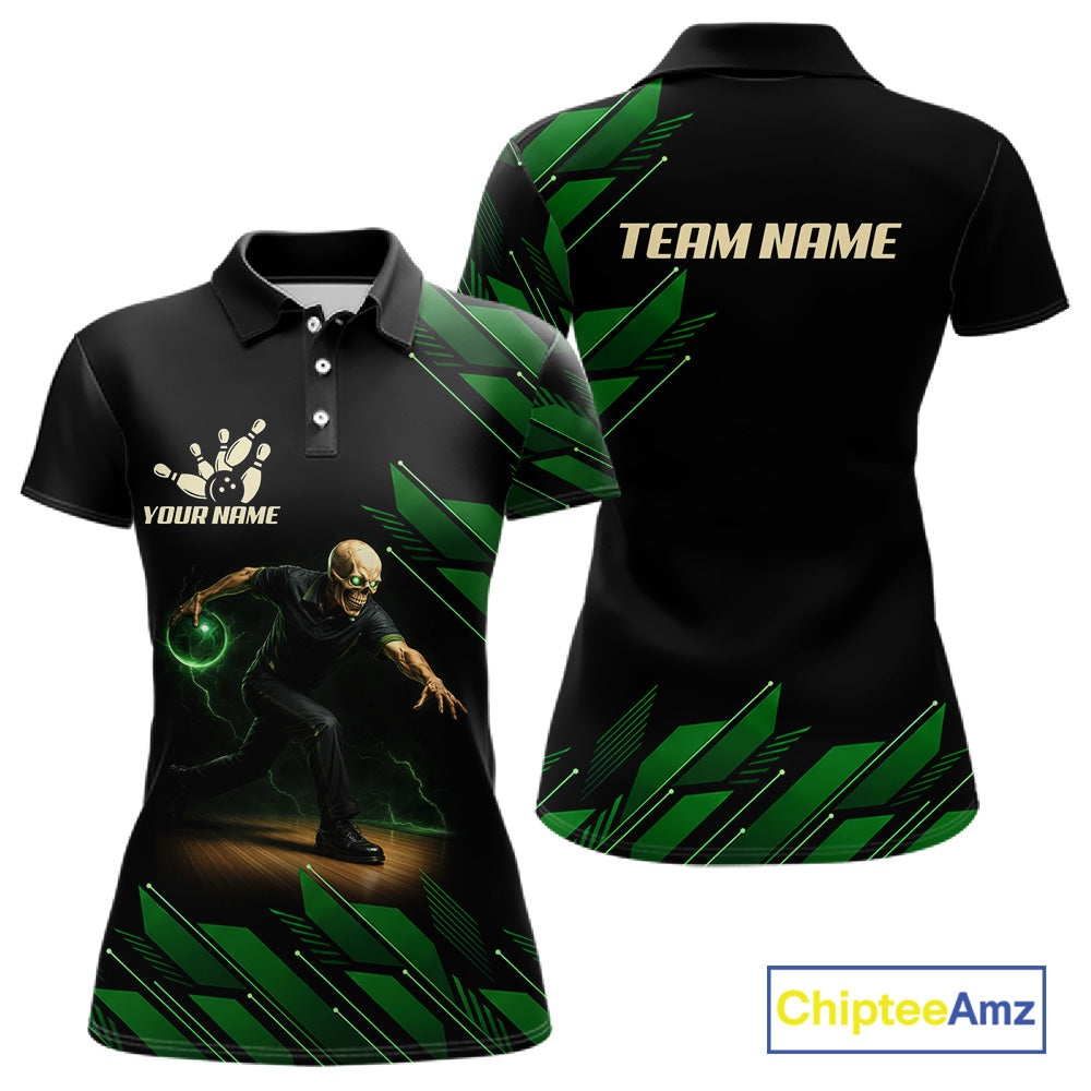 Black & Green Camo Skull Lightning Bowling Polo, 1/4 zip shirts for Women Custom Team bowling Jersey NQS11657
