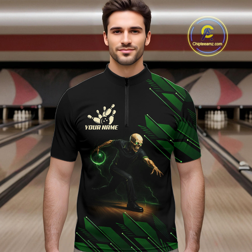 Black and Green Camo Skull Lightning Bowling Polo, 1/4 zip shirts for Men Custom Team bowling Jersey NQS11657