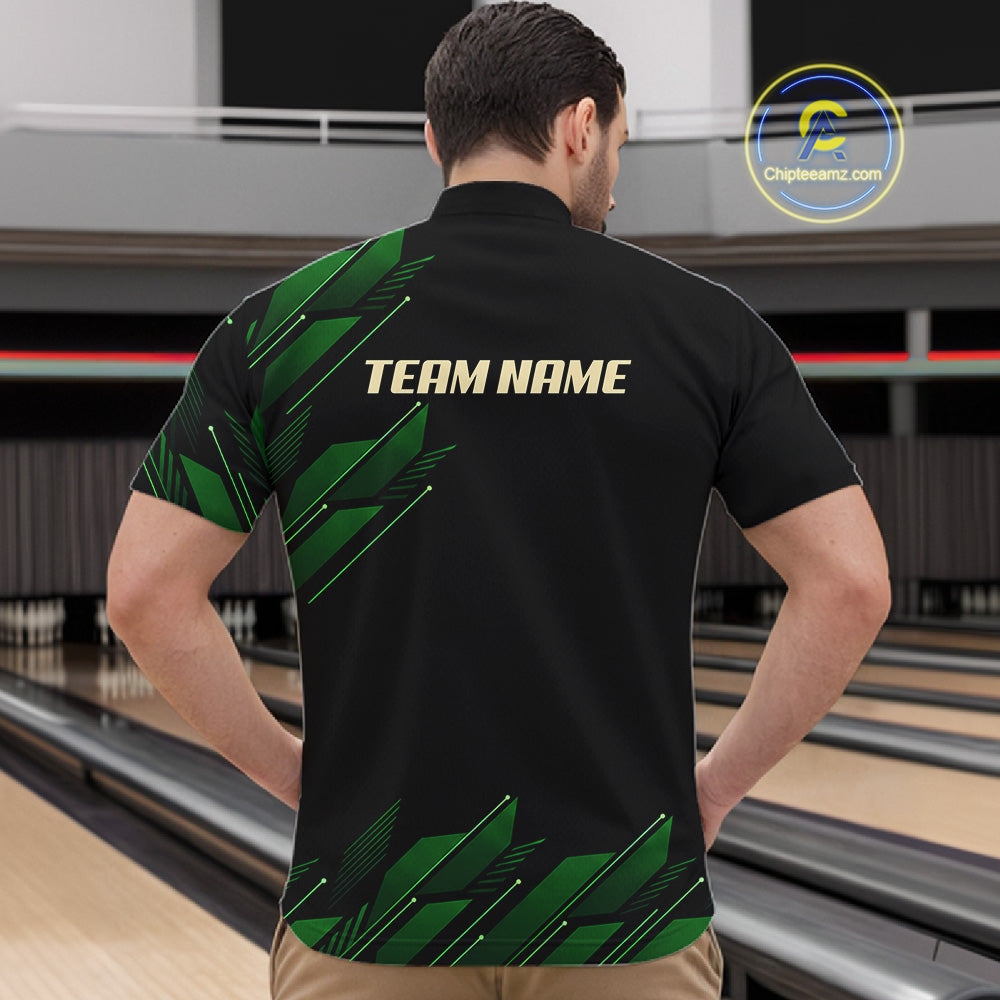 Black and Green Camo Skull Lightning Bowling Polo, 1/4 zip shirts for Men Custom Team bowling Jersey NQS11657