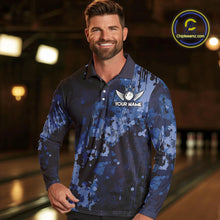 Load image into Gallery viewer, Blue Camo Bowling Polo, Quarter Zip Shirts For Men Custom Bowling Team Jerseys, Gift For Bowlers NQS10454