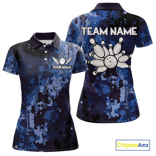 Blue Camo Bowling Polo, Quarter Zip Shirts For Women Custom Bowling Team Jerseys, Gift For Bowlers NQS10454