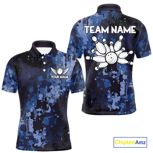 Blue Camo Bowling Polo, Quarter Zip Shirts For Men Custom Bowling Team Jerseys, Gift For Bowlers NQS10454