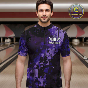 Purple Camo Bowling Polo, Quarter Zip Shirts For Men Custom Bowling Team Jerseys, Gift For Bowlers NQS10455