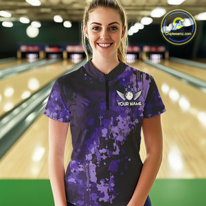 Purple Camo Bowling Polo, Quarter Zip Shirts For Women Custom Bowling Team Jerseys, Gift For Bowlers NQS10455