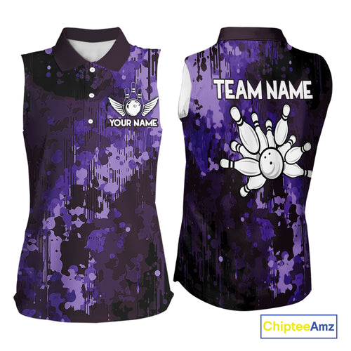 Purple Camo Bowling Sleeveless Polo Shirt For Women Custom Bowling Team Jerseys, Gift For Bowlers NQS10455