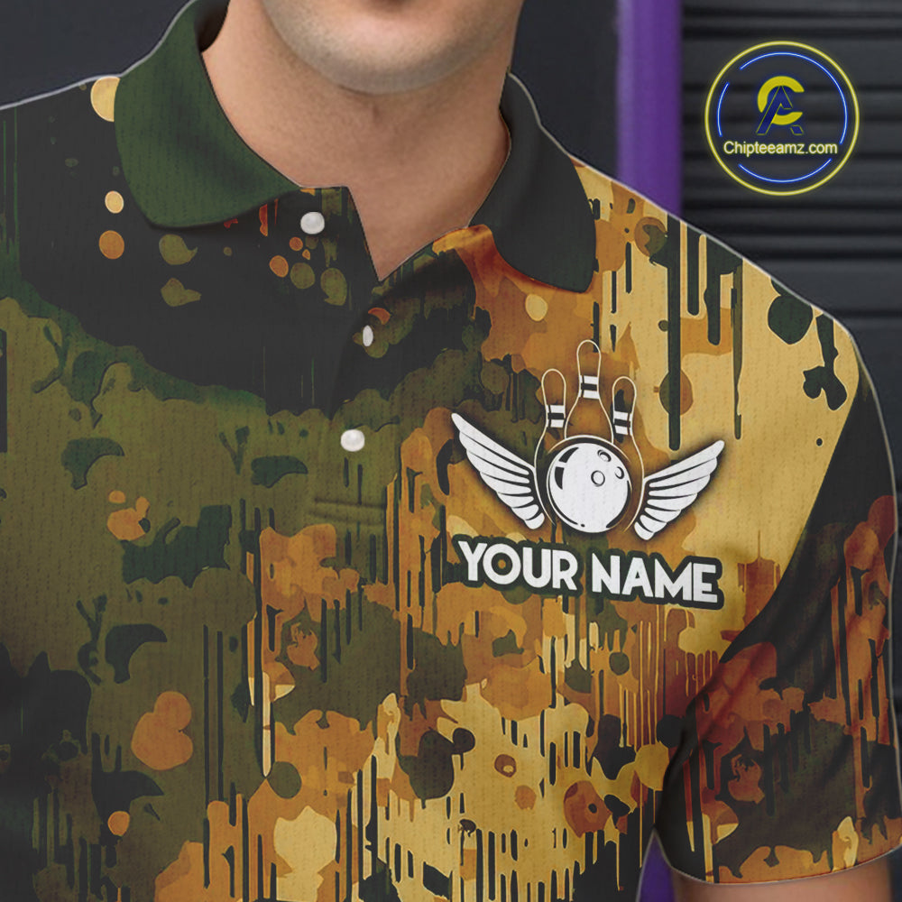 Yellow Camo Bowling Polo, Quarter Zip Shirts For Men Custom Bowling Team Jerseys, Gift For Bowlers NQS10456