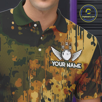 Yellow Camo Bowling Polo, Quarter Zip Shirts For Men Custom Bowling Team Jerseys, Gift For Bowlers NQS10456