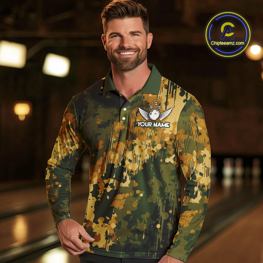 Yellow Camo Bowling Polo, Quarter Zip Shirts For Men Custom Bowling Team Jerseys, Gift For Bowlers NQS10456