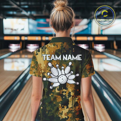 Yellow Camo Bowling Polo, Quarter Zip Shirts For Women Custom Bowling Team Jerseys, Gift For Bowlers NQS10456