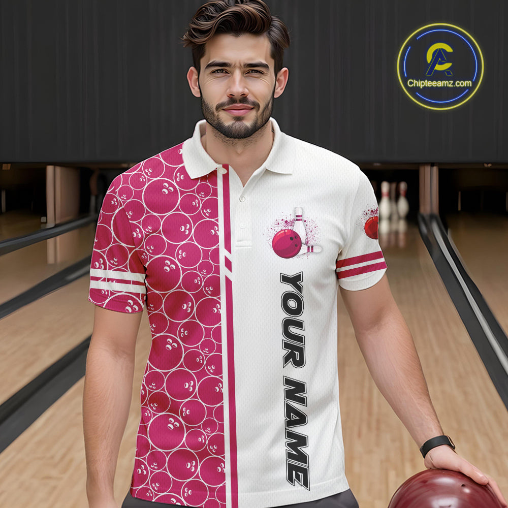 Men Bowling Polo, 1/4 Zip Shirt Custom white & pink camo vintage bowling shirts, mens bowling jersey NQS10458