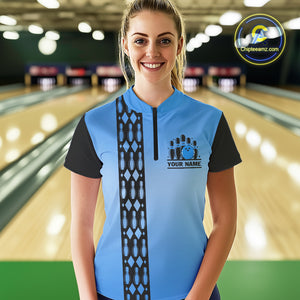 Personalized Black and Blue Retro Bowling Polo, Quarter Zip Team Shirts For Women Custom Bowling Gift NQS10459
