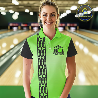 Personalized Black and Green Retro Bowling Polo, Quarter Zip Team Shirt For Women Custom Bowling Gift NQS10460