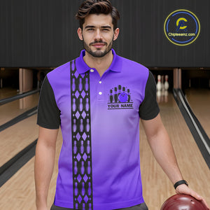 Personalized Black and Purple Retro Bowling Polo, Quarter Zip Team Shirt For Men Custom Bowling Gifts NQS10461