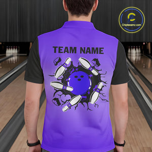 Personalized Black and Purple Retro Bowling Polo, Quarter Zip Team Shirt For Men Custom Bowling Gifts NQS10461