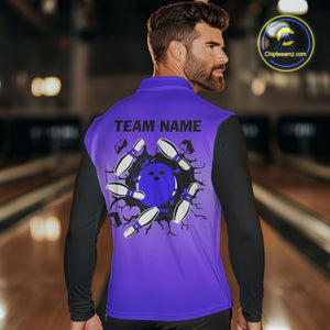 Personalized Black and Purple Retro Bowling Polo, Quarter Zip Team Shirt For Men Custom Bowling Gifts NQS10461