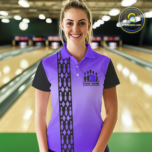 Personalized Black & Purple Retro Bowling Polo, Quarter Zip Team Shirt For Women Custom Bowling Gift NQS10461