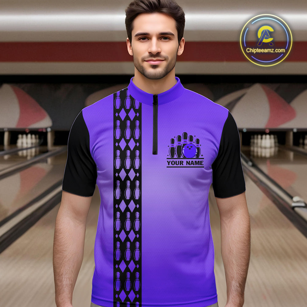 Personalized Black and Purple Retro Bowling Polo, Quarter Zip Team Shirt For Men Custom Bowling Gifts NQS10461