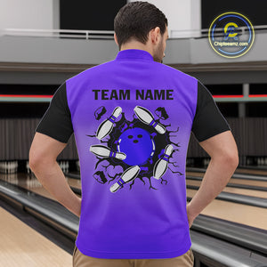 Personalized Black and Purple Retro Bowling Polo, Quarter Zip Team Shirt For Men Custom Bowling Gifts NQS10461