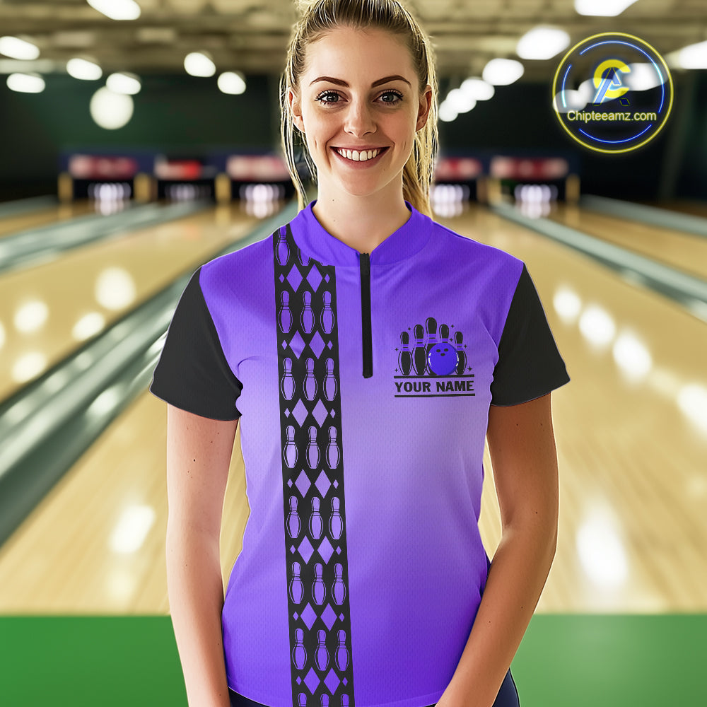 Personalized Black & Purple Retro Bowling Polo, Quarter Zip Team Shirt For Women Custom Bowling Gift NQS10461