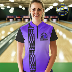 Personalized Black & Purple Retro Bowling Polo, Quarter Zip Team Shirt For Women Custom Bowling Gift NQS10461