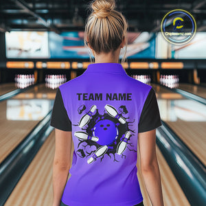 Personalized Black & Purple Retro Bowling Polo, Quarter Zip Team Shirt For Women Custom Bowling Gift NQS10461