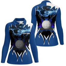 Load image into Gallery viewer, Women Golf Polo Shirt custom blue lightning thunder flame golf ball team jerseys, ladies golf attire NQS8482