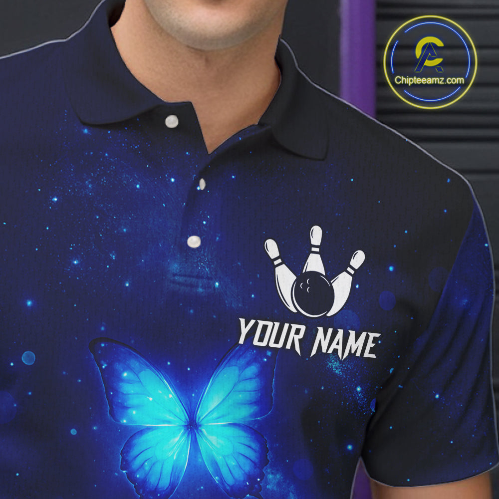 Blue galaxy Butterfly Bowling Polo, Quarter Zip shirts For men Custom Butterfly Team bowling jersey NQS11268