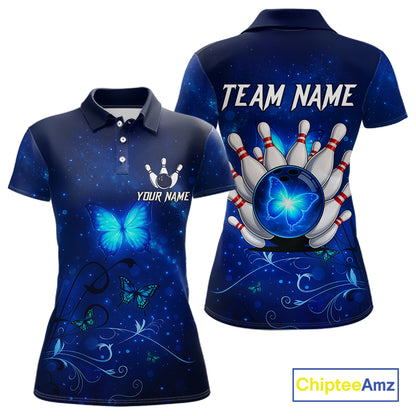 Blue galaxy Butterfly Bowling Polo, Quarter Zip shirts For Women Custom Butterfly Team bowling jersey NQS11268