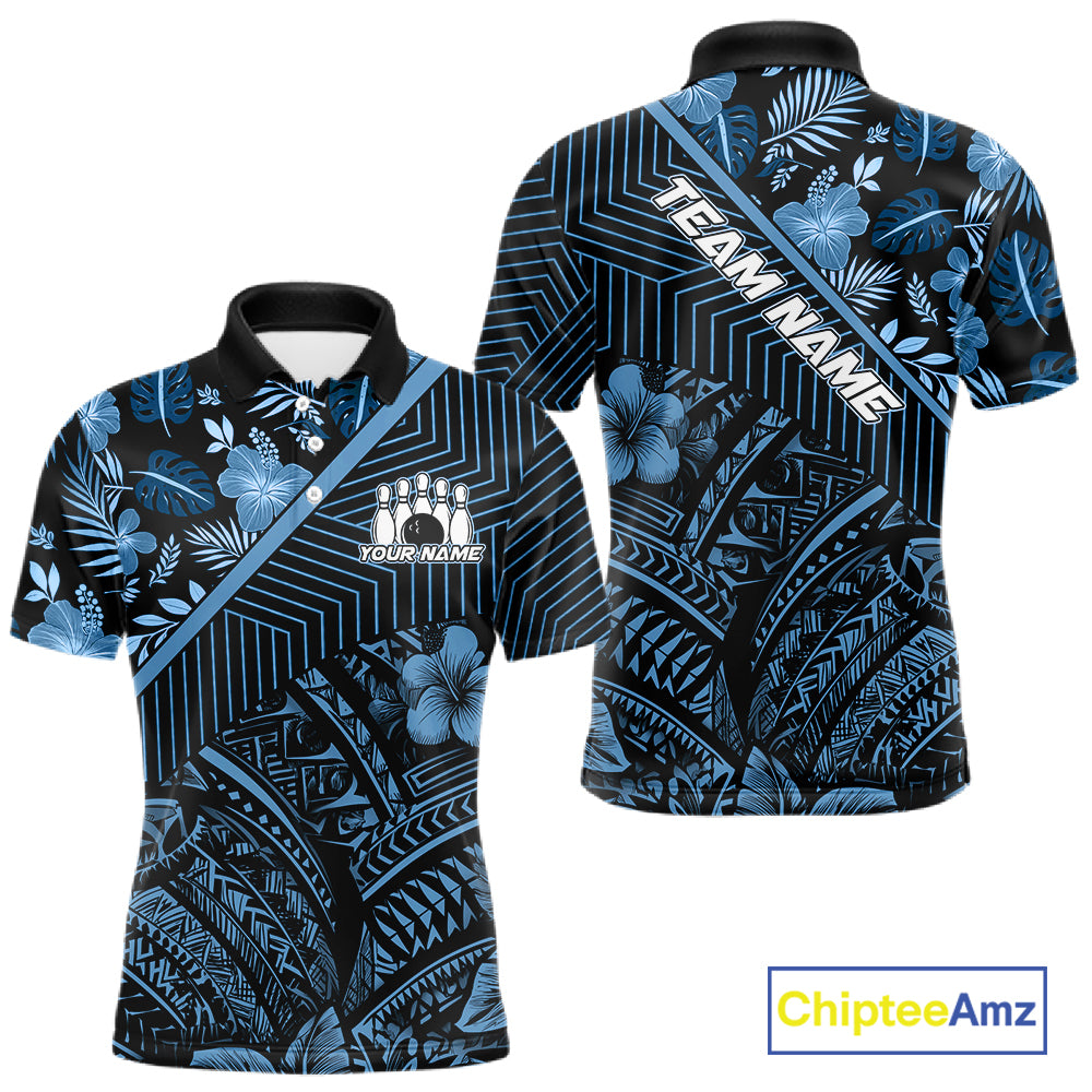 Black and Blue tribal pattern Bowling Polo, 1/4 zip Shirts For Men Custom Team Bowling Jerseys NQS11468
