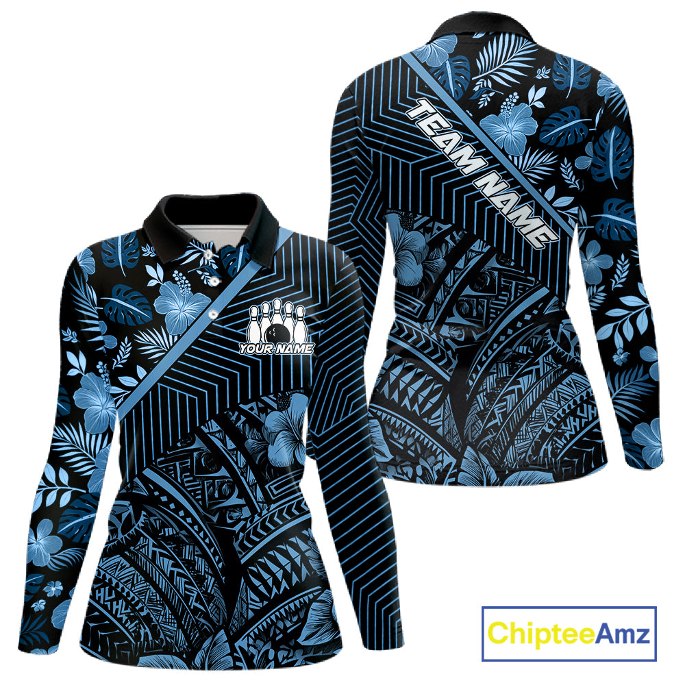 Black and Blue tribal pattern Bowling Polo, 1/4 zip Shirts For Women Custom Team Bowling Jerseys NQS11468