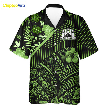 Black and Green tribal pattern tropical Bowling Hawaiian Shirts Custom Team Bowling Jerseys NQS11469