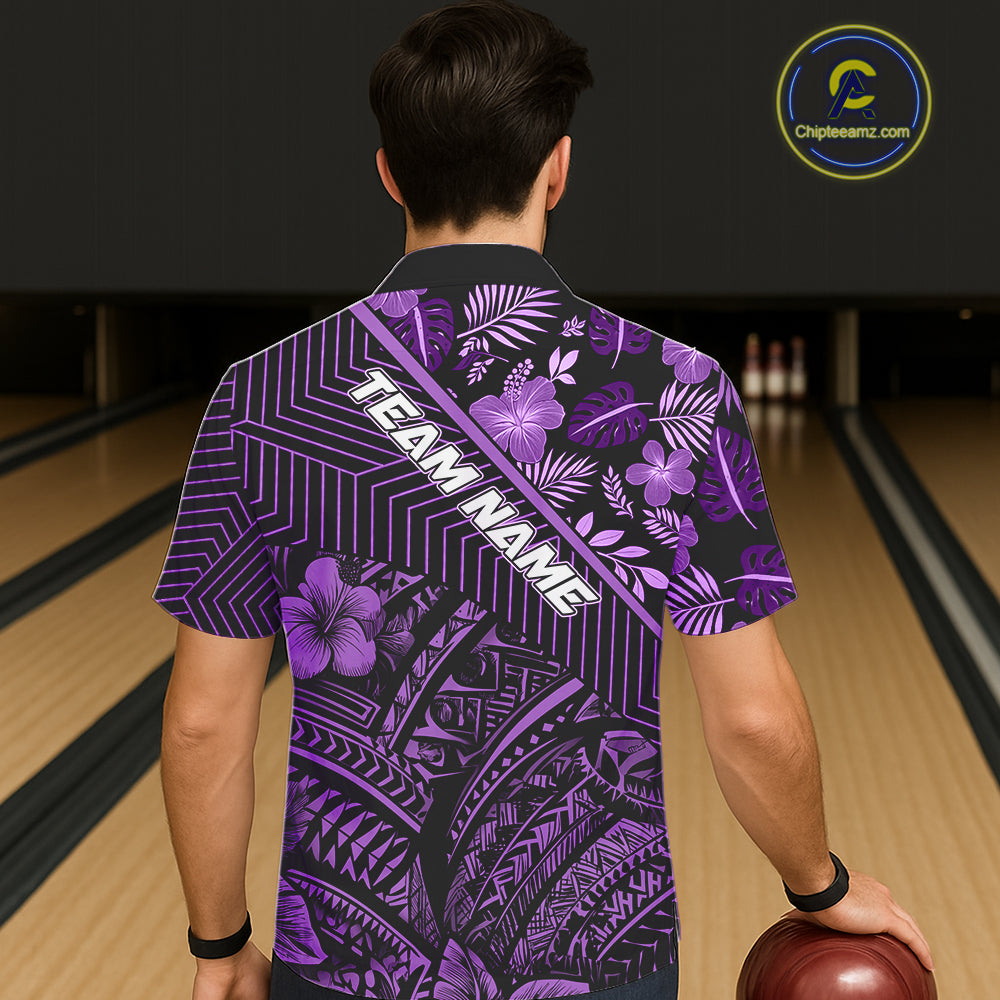 Black and Purple tribal pattern tropical Bowling Hawaiian Shirts Custom Team Bowling Jerseys NQS11470