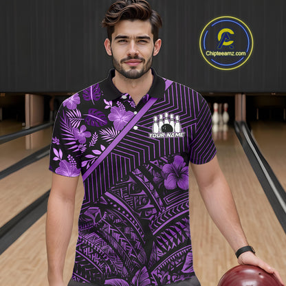 Black and Purple tribal pattern Bowling Polo, 1/4 zip Shirts For Men Custom Team Bowling Jerseys NQS11470