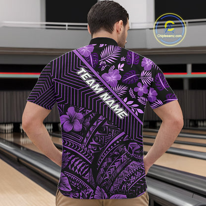 Black and Purple tribal pattern Bowling Polo, 1/4 zip Shirts For Men Custom Team Bowling Jerseys NQS11470
