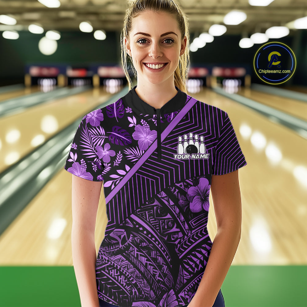 Black and Purple tribal pattern Bowling Polo, 1/4 zip Shirts For Women Custom Team Bowling Jerseys NQS11470